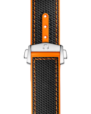 Cassa in acciaio inox da 45,5 mm con lunetta girevole in ceramica nera, corona a vite e pulsanti cronografici